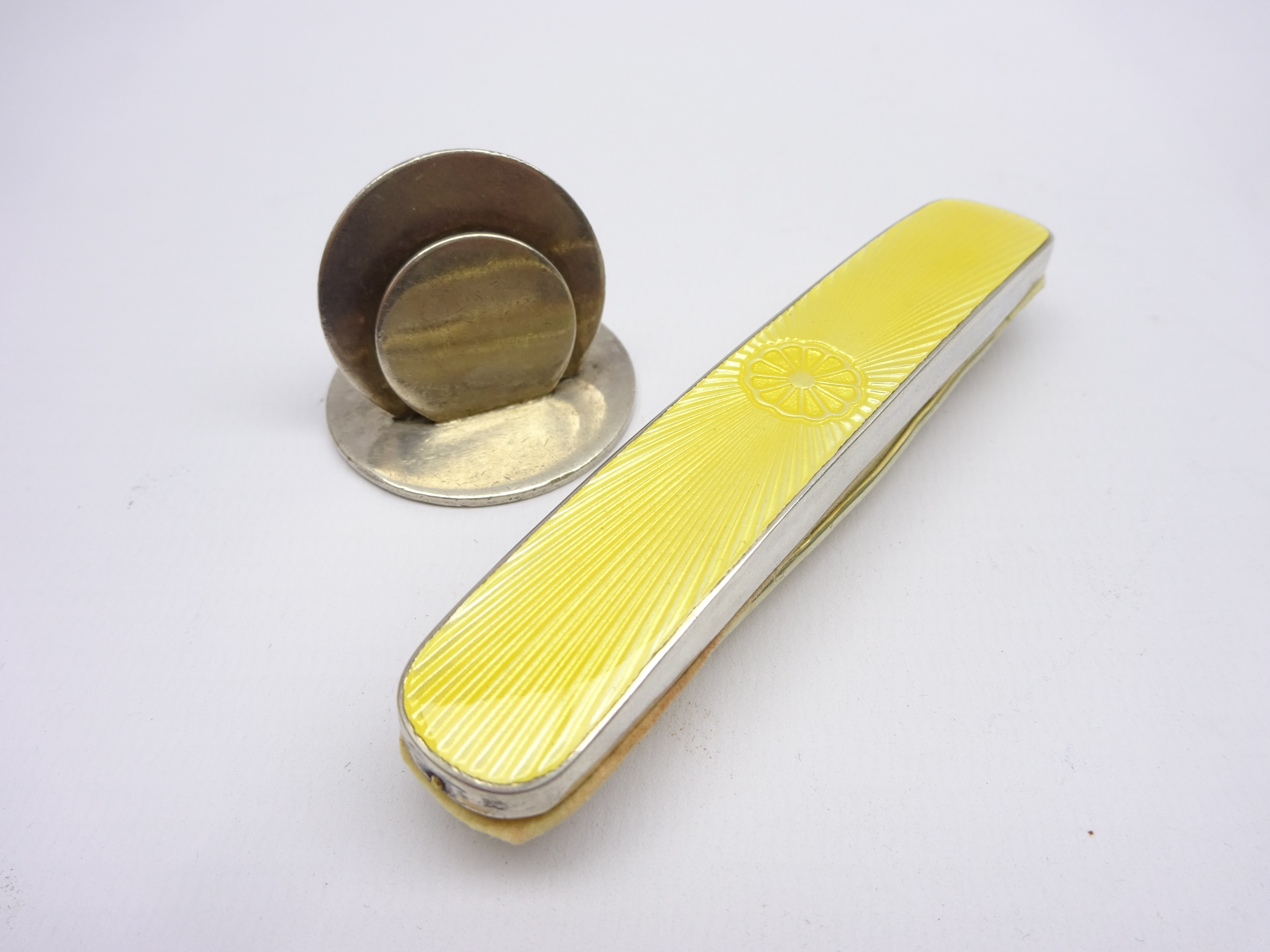 Silver and yellow enamel nail buffer Birmingham 1931 Maker Henry Clifford Davis and a silver menu - Image 5 of 8