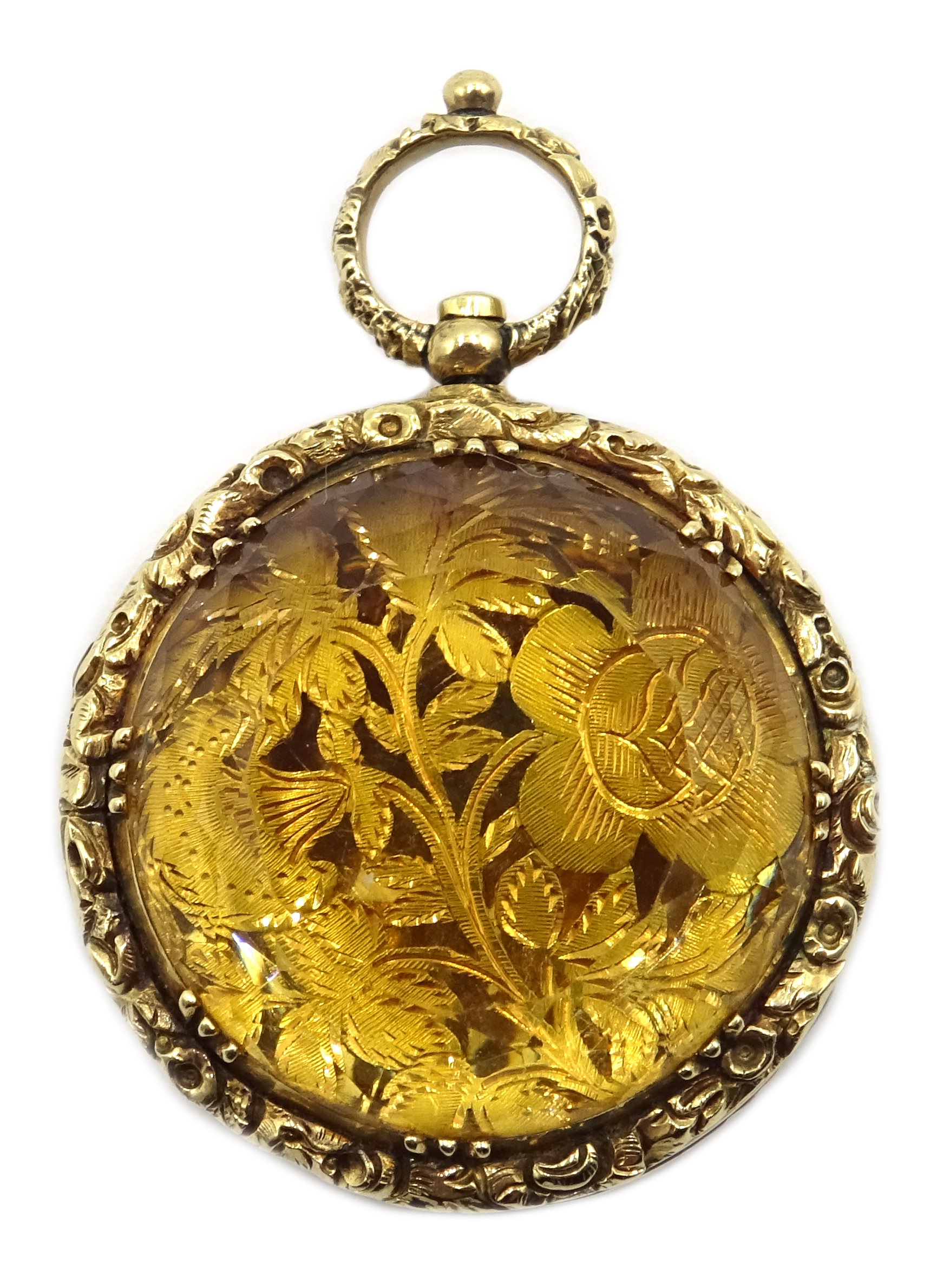 George IV circular gold citrine vinaigrette, the faceted citrine mounted in the lid,