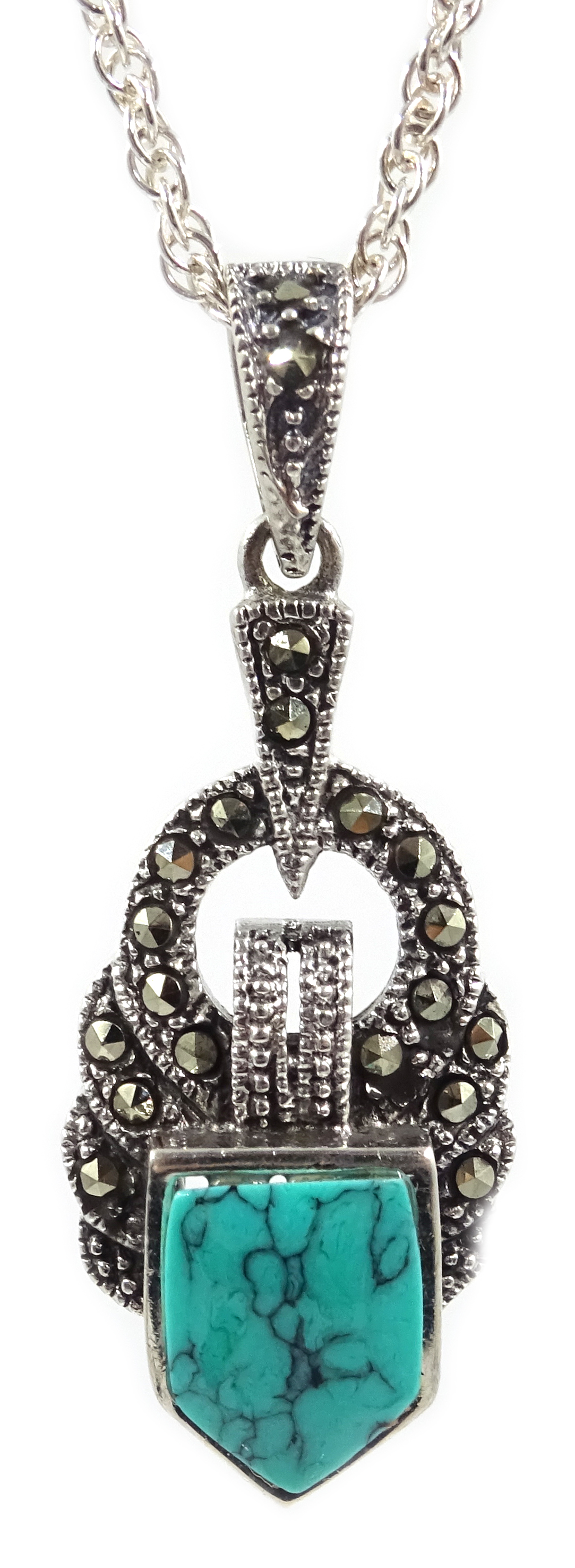 Silver marcasite and turquoise pendant necklace,