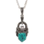 Silver marcasite and turquoise pendant necklace,