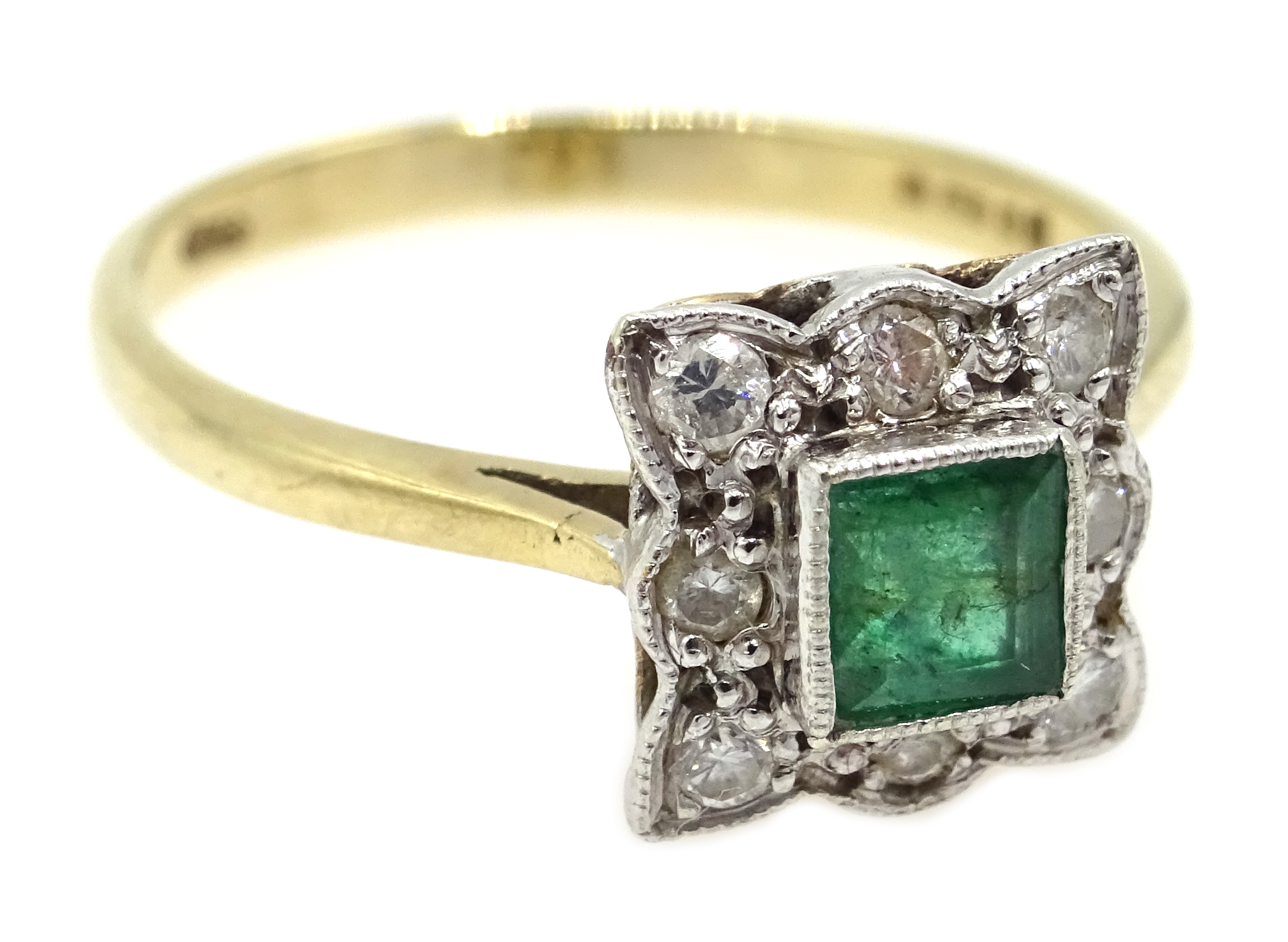 9ct gold emerald and diamond square shaped cluster ring, - Image 2 of 3