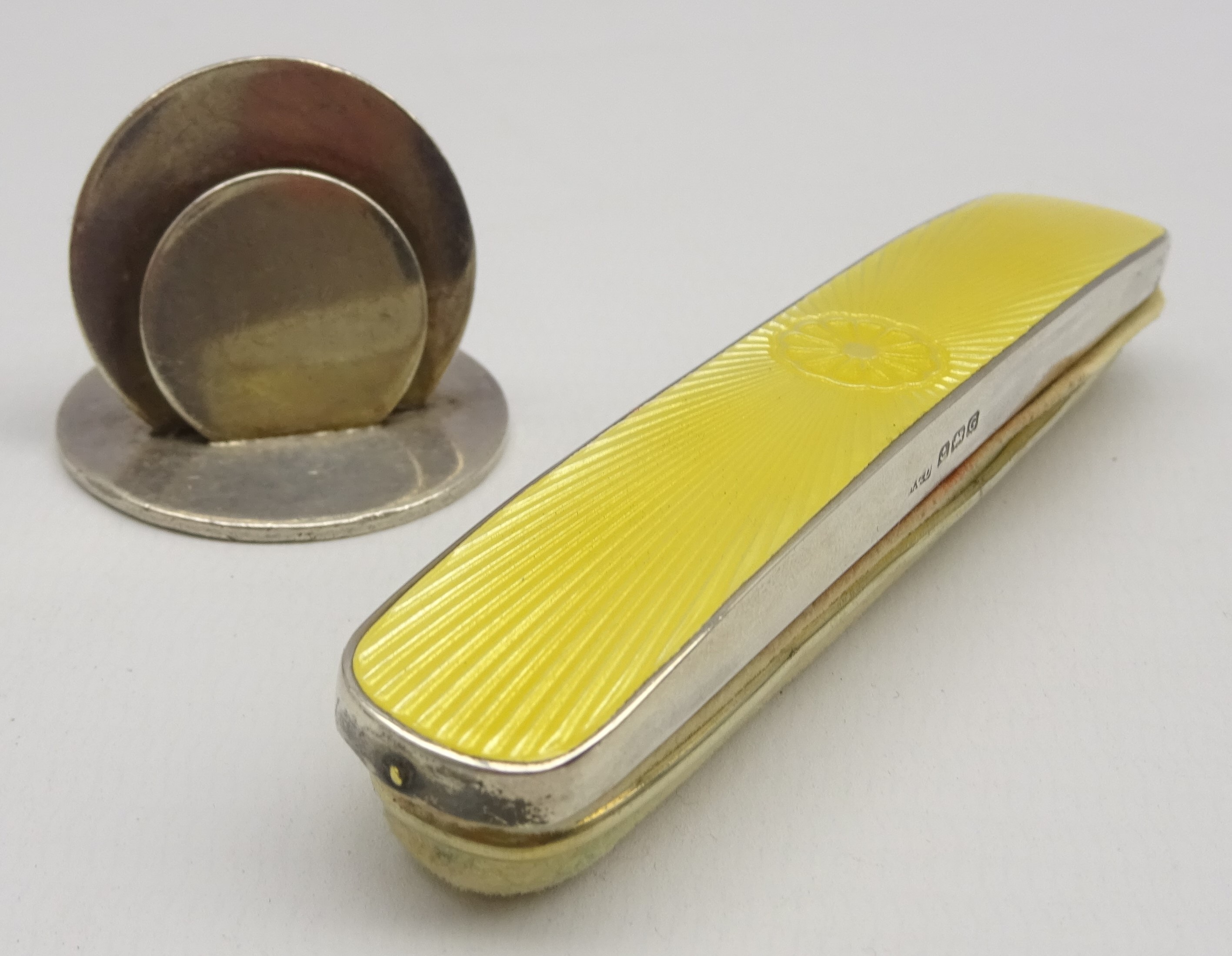 Silver and yellow enamel nail buffer Birmingham 1931 Maker Henry Clifford Davis and a silver menu