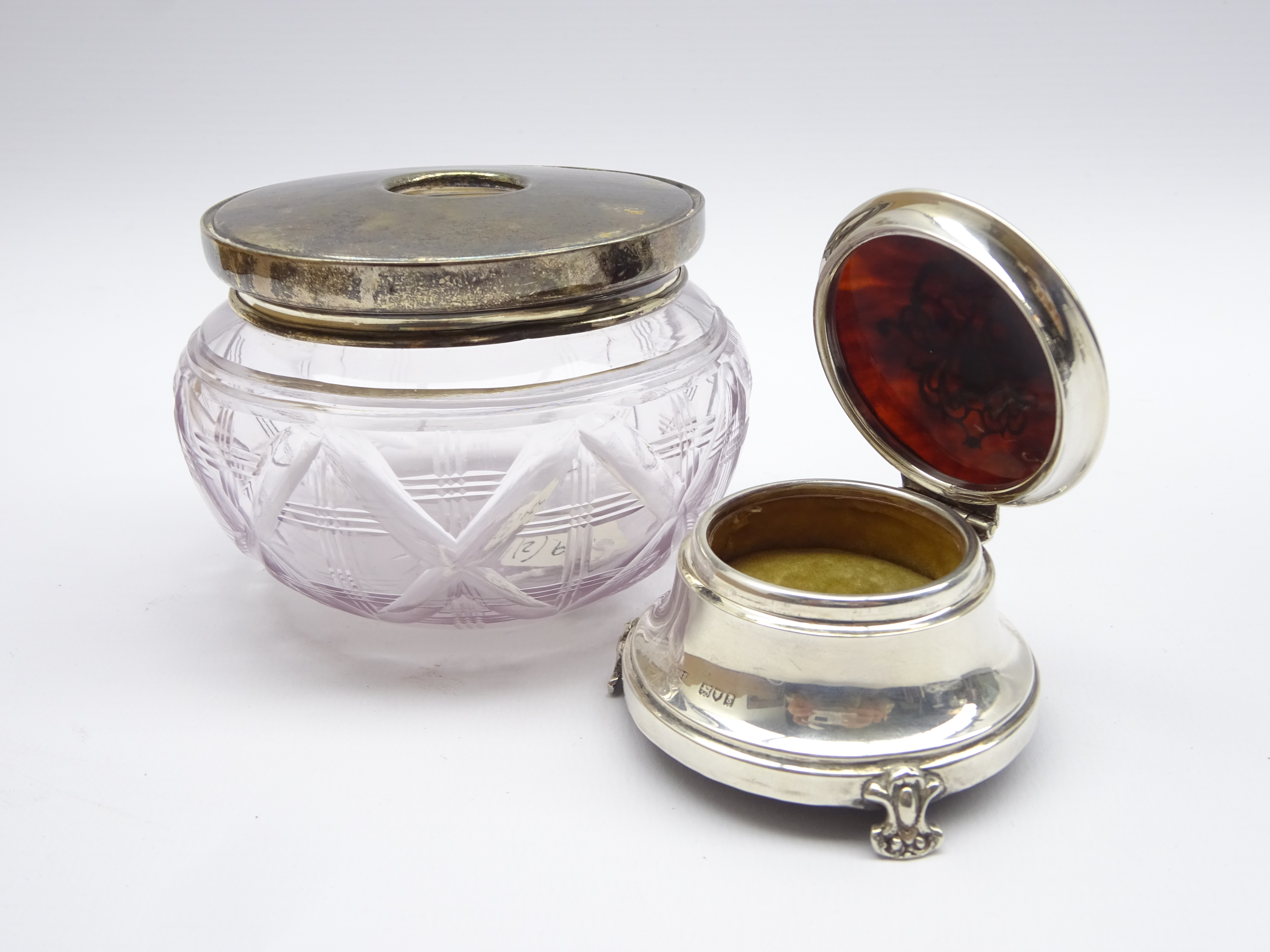 Silver and tortoiseshell circular ring box London 1913 with pique decoration and a glass and silver