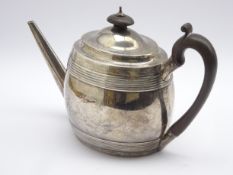 George III silver oval teapot with engraved decoration and cartouche with blackwood handle and lift