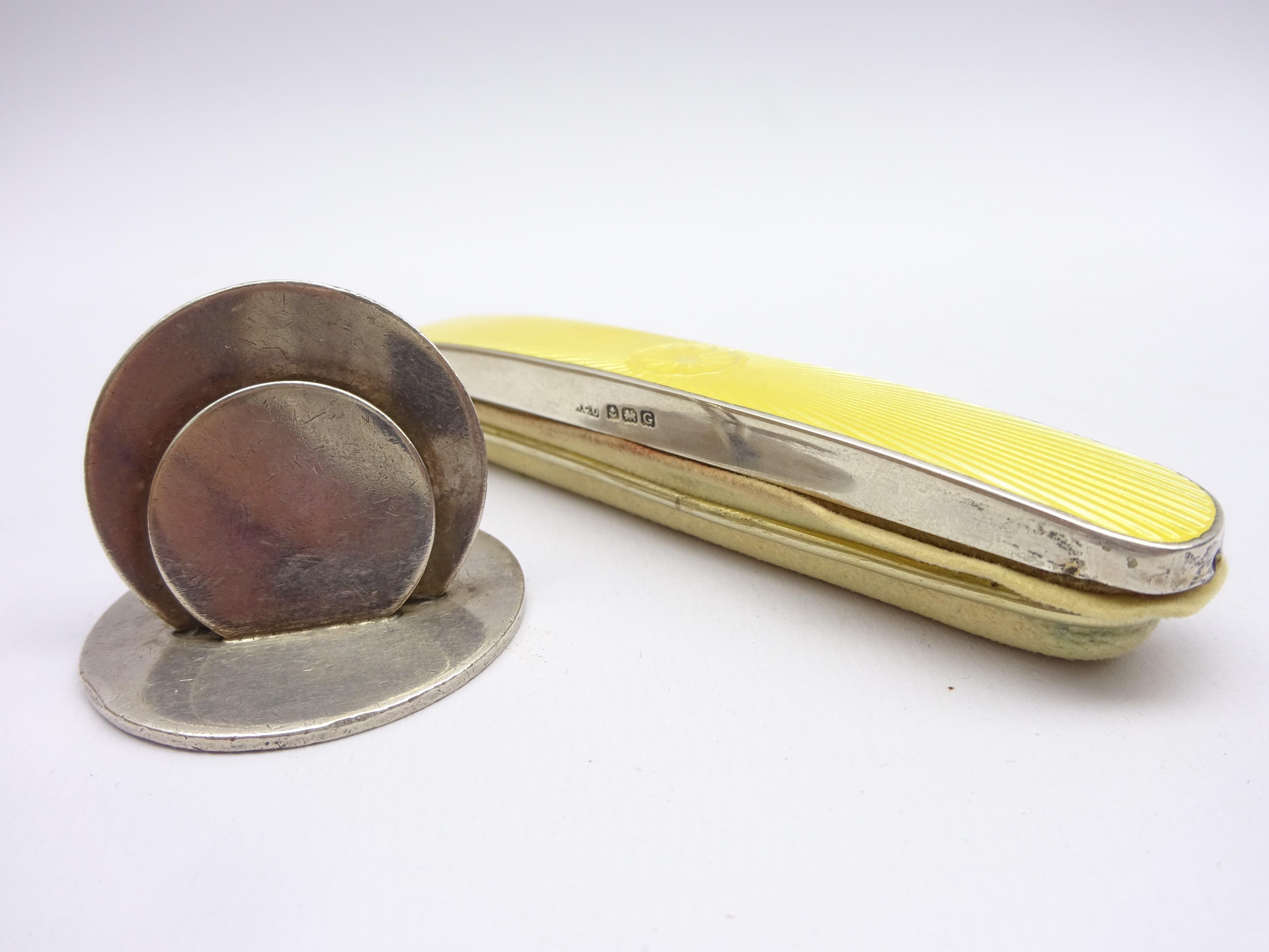 Silver and yellow enamel nail buffer Birmingham 1931 Maker Henry Clifford Davis and a silver menu - Image 4 of 8