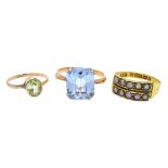 Victorian 15ct gold double row seed pearl ring, Birmingham 1885 and two rose gold stone set rings,