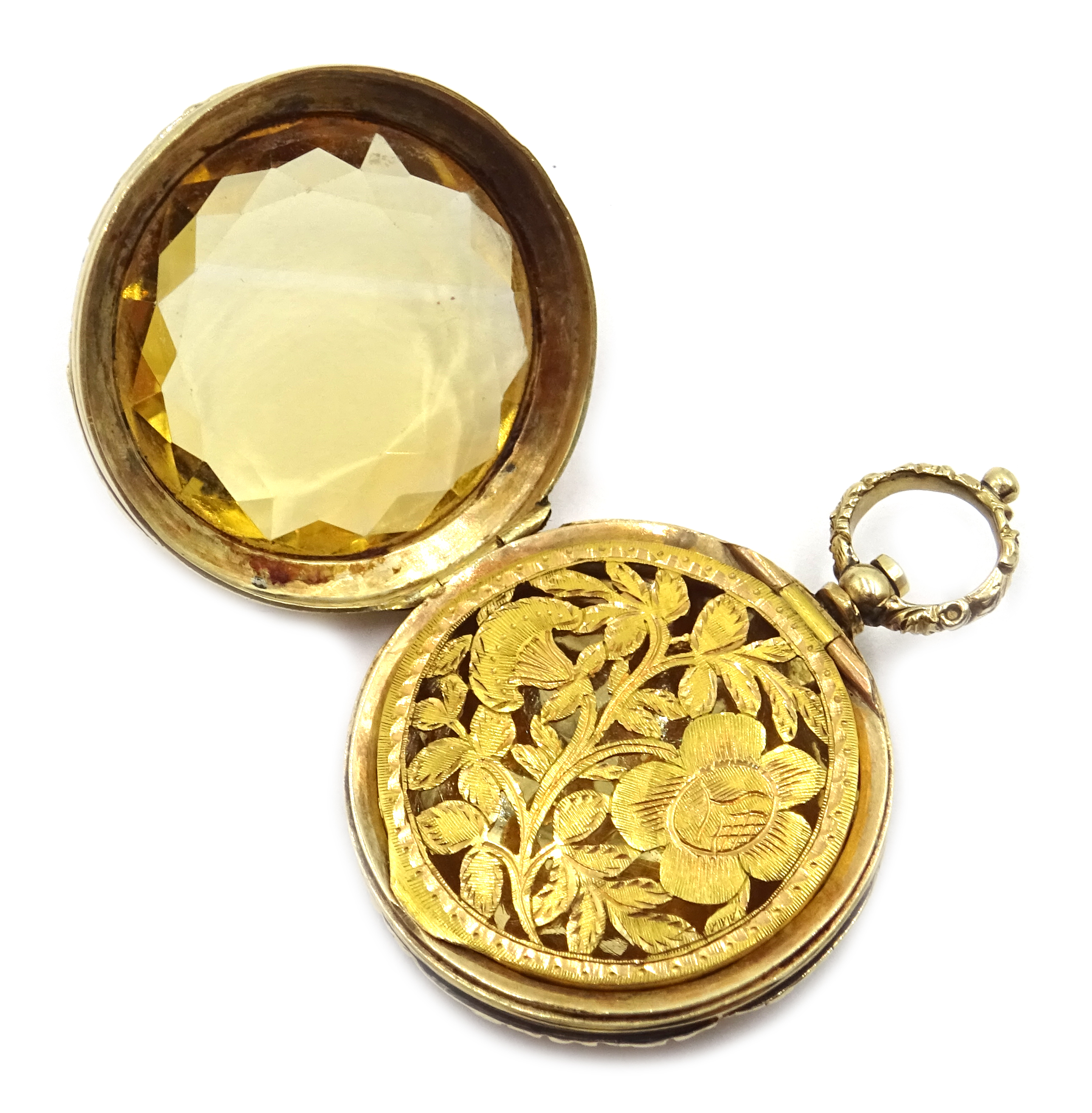 George IV circular gold citrine vinaigrette, the faceted citrine mounted in the lid, - Image 4 of 7