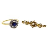 18ct gold (tested) sapphire and diamond circular cluster ring and gold seed pearl bar brooch