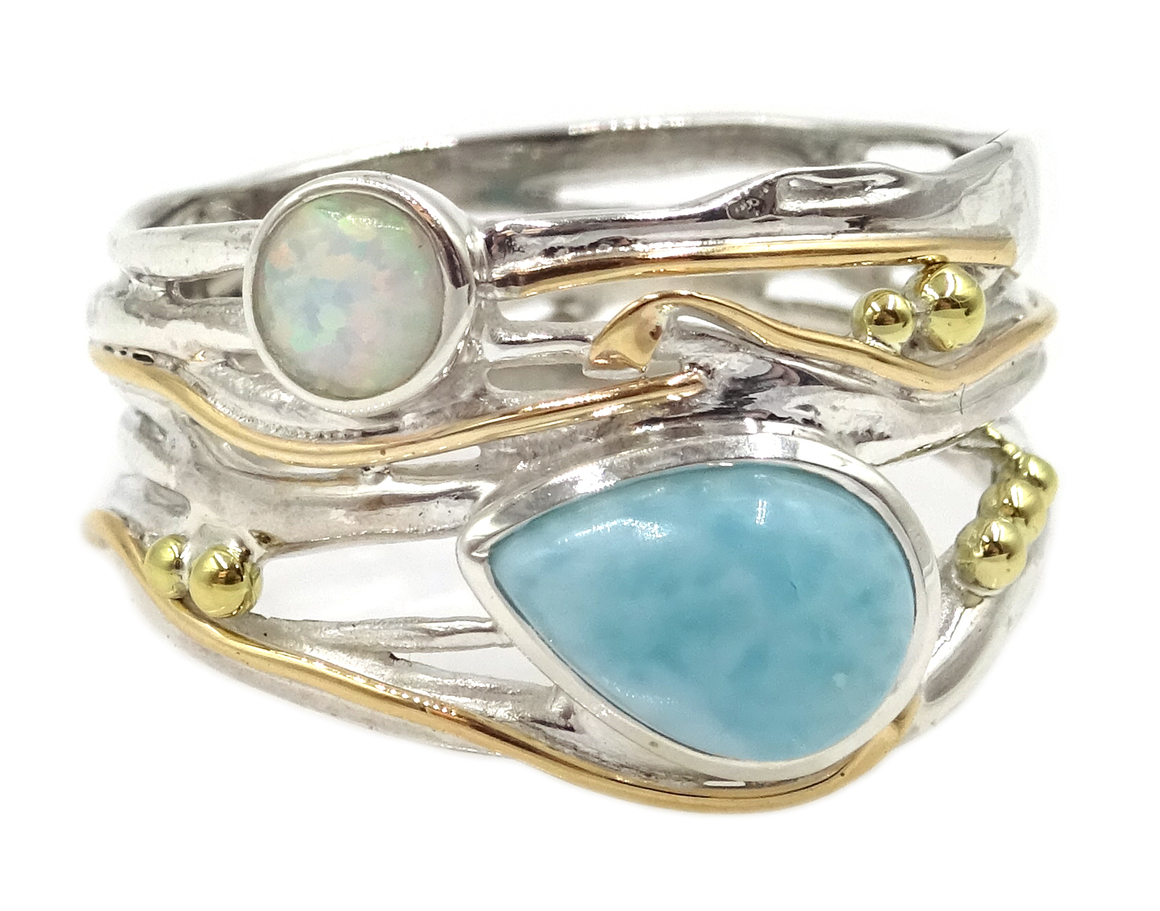 Silver with 14ct gold wire opal and larimar ring,