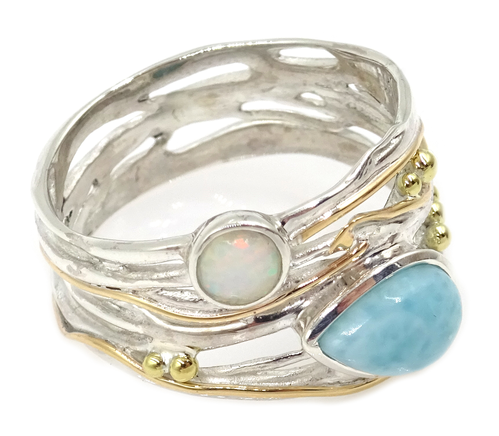 Silver with 14ct gold wire opal and larimar ring, - Image 2 of 3