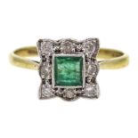 9ct gold emerald and diamond square shaped cluster ring,