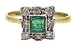 9ct gold emerald and diamond square shaped cluster ring,