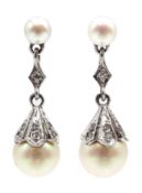 Pair of 9ct white gold, cultured pearl and diamond pendant earrings,