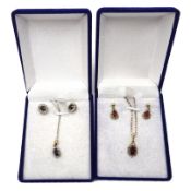 Gold sapphire and diamond cluster pendant necklace and pair of matching earrings, garnet pendant,