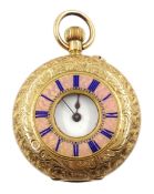 Gold half hunter pocket watch, engraved decoration stamped 14c, watch,