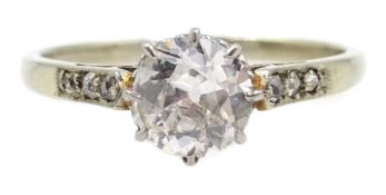 18ct white gold (tested) diamond solitaire ring, with diamond set shoulders, diamond approx 0.
