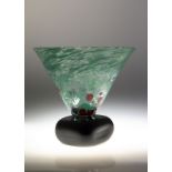 Swedish Gulluskrat Glass Vase conical bowl with green swirling design on a square black base