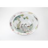 C19th Cantonese Basin painted with two seated maidens beside river 40.5cm dia a/f