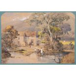 C19th British, Manner of JS Prout Romantic Landscape watercolour heightened with white bears