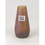 Small Loetz Iridescent Vase tapering shape with leaf incised decorations in yellow and pink (lacking