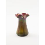 Loetz Iridescent Pink Glass Vase tapering form with slip trailed lines and flowerhead shaped rim
