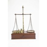 Victorian Beam Balance Scales brass and steel on mahogany box base with weight set 20oz to 1oz