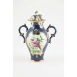 Worcester Handled Vase and Cover painted with exotic birds in cartouche on scale blue ground