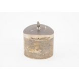 Geo V S/S Oval Tea Caddy plain oval the hinged lid with flaming finial, Birmingham 1913