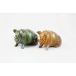 Two China Pig Money Boxes green & brown glazes (one with ear chip)