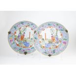 Pair C19th Cantonese Exportware Dishes painted with noble and attendants, wide foliate border in