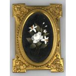 Victorian Grand Tour Pietra Dura Photo Frame oval floral panel inset with hardstones in gilt metal