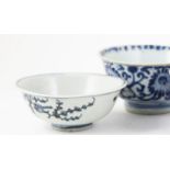 Two Provincial Ming Food Bowls under glaze blue decoration 15cm dia
