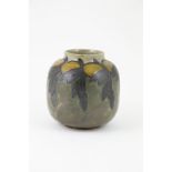 Royal Doulton Stoneware Vase By John Huskisson cylindrical shape decorated with fruit and leaves,