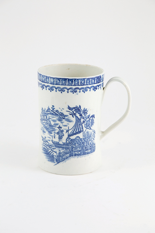 Pennington, Liverpool Mug with strap handle in the Fisherman pattern unmarked C1780 15.5cm height