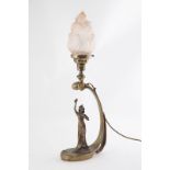 Art Nouveau Cast Bronze Table Lamp maiden figured with scrolling lamp support 59cm including