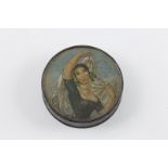 Early C19th Brunswick Papier Mache Snuff Box circular, painted with a lady with veil in the manner