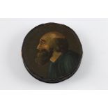Early C19th Brunswick Papier Mache Snuff Box circular, painted with a bearded gent in the manner