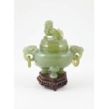 Chinese Green Jade Censor and Cover traditional form with dragon mask ring handles, and dragon cover