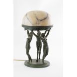 Art Deco Patinated Bronze Table Lamp three standing maidens supporting alabaster domed shade (