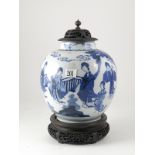 Late C18th Early C19th Blue and White Exportware Ginger Jar painted with figured garden scene with