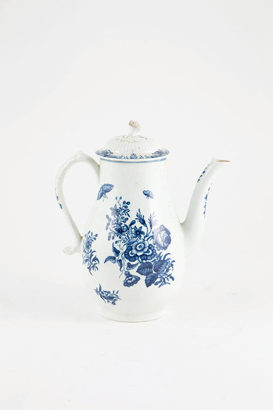 First Period Worcester Coffee Pot in Three Flowers pattern Underglaze blue filled in crescent