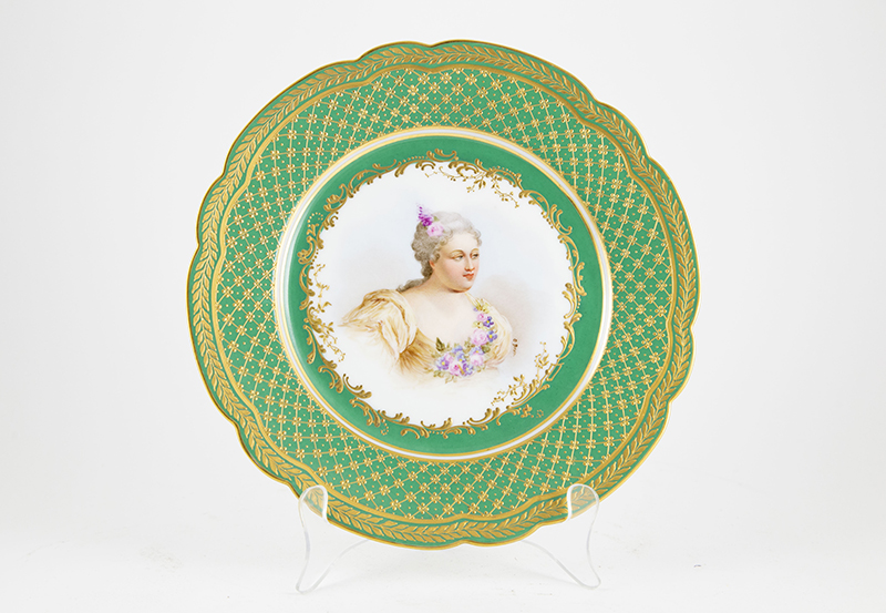 Sevres Shaped Circular Plate painted with portrait of Madame de Sarabere signed O Brun after