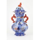 Ironstone Vase & Cover faceted baluster in Imari style pattern, 40cm height (repair to finial)