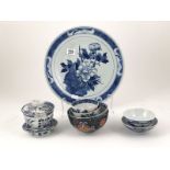 Collection Mixed Blue and White Export Ware charger, five food bowls, two tea bowls (some slight