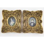 Pair Early C19th Portrait Miniatures European woman & gent, titled to reverse Koster, 1837