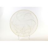 Lalique Style Flying Fish Shallow Bowl circular shape decorated with 6 flying fish, unmarked, 33cm