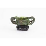 Chinese Mottled Dark Green Jade Dish dragon handles gripping the bowl rims 13cm length