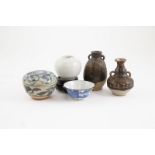 Five Provincial Ming Ointment Pots and Dish buff pottery glazed blue and white and white celadon