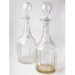 Pair Victorian Bottle Decanters faceted stems, rib cut with matching stoppers