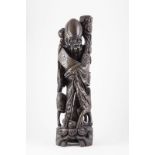 Large Carved Hardwood Immortal stands with scroll, deer and crane at his feet with some fine wire